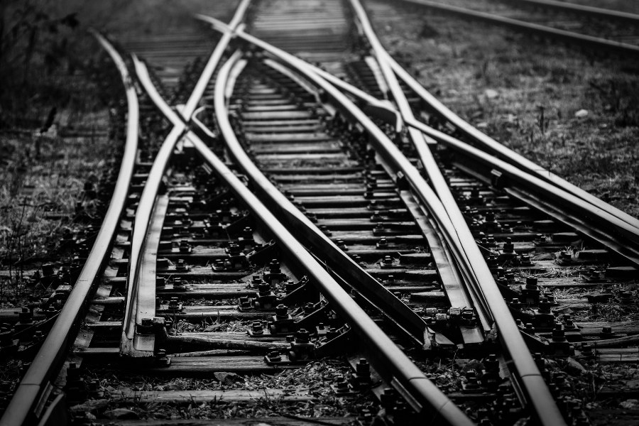 Railroad Track Switches at railway junction - monochrome image
