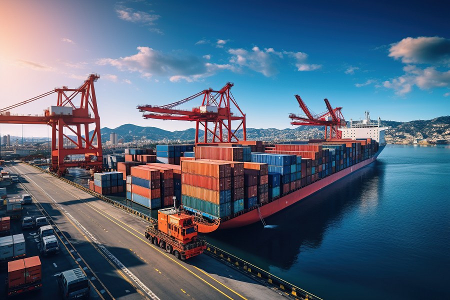 world of shipping transports. Depict a bustling port with cargo ships of various sizes and types, loading and unloading goods by cranes.Generated with AI