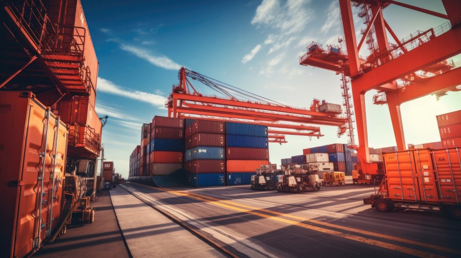 worker in container yard using tablet for loading cargo container ship working with crane in ship yard