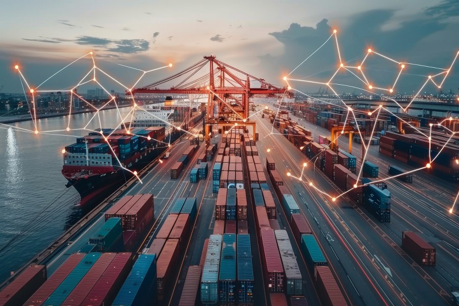Global logistics network efficient distribution via trucks, airplanes, trains, cargo ships
