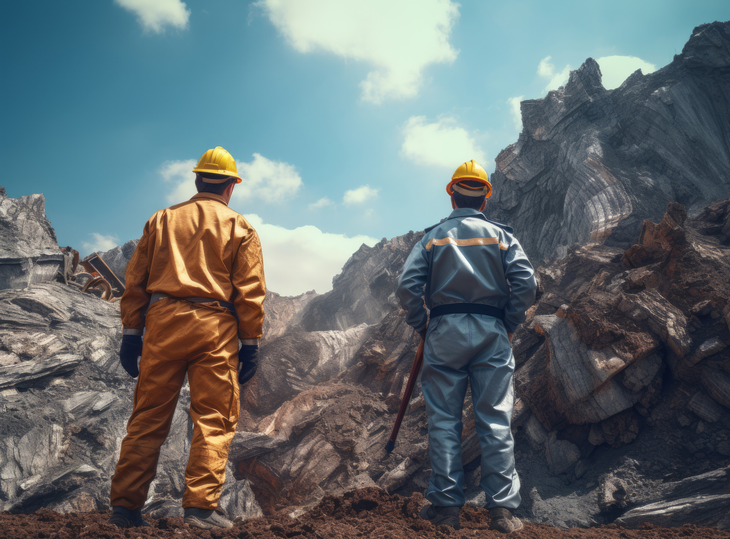 Back view two workers in construction safety equipments looking in the distance, in the style of crystalline and geological forms, installation creator, photobash, photo, earthworks, high definition, historical --ar 64:47 --v 5.2 Job ID: 86911212-a651-407e-bfd3-9f41418fefa3